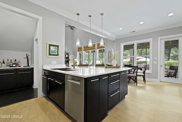 4 Halburton Cir, Bluffton, SC 29910 - kitchen with dark cabinets, a sink, light countertops, dishwasher, and pendant lighting