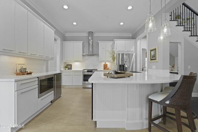 4 Halburton Cir, Bluffton, SC 29910 - kitchen featuring wall chimney range hood, stainless steel appliances, decorative backsplash, a breakfast bar, and pendant lighting