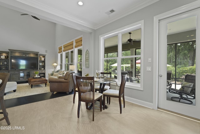 4 Halburton Cir, Bluffton, SC 29910 - dining room featuring ceiling fan, ornamental molding, and baseboards