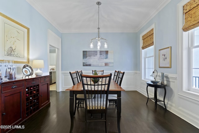 4 Halburton Cir, Bluffton, SC 29910 - dining room featuring healthy amount of natural light, dark wood-type flooring, ornamental molding, and a wainscoted wall