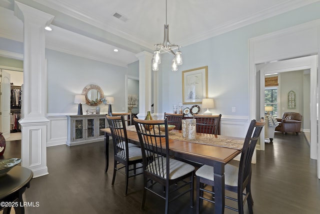 4 Halburton Cir, Bluffton, SC 29910 - dining room featuring ornate columns, dark wood-style flooring, crown molding, recessed lighting, and wainscoting