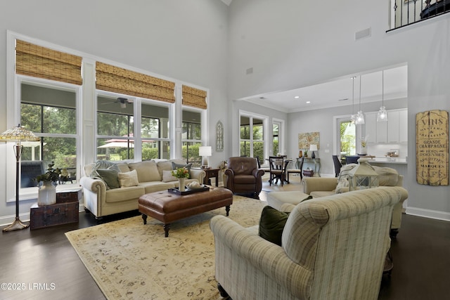 4 Halburton Cir, Bluffton, SC 29910 - living area featuring a towering ceiling, dark wood-style flooring, ornamental molding, and baseboards