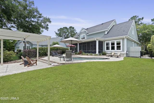 4 Halburton Cir, Bluffton, SC 29910 - rear view of property featuring a sunroom, a patio, a shingled roof, a pergola, and stucco siding