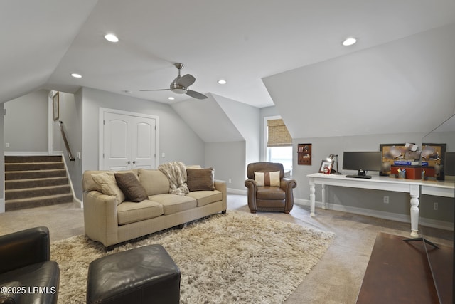 4 Halburton Cir, Bluffton, SC 29910 - carpeted living room with lofted ceiling, an office area, recessed lighting, ceiling fan, and stairs
