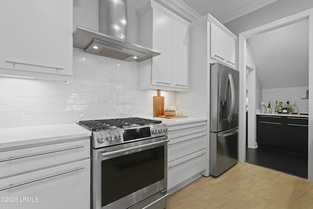 4 Halburton Cir, Bluffton, SC 29910 - kitchen featuring appliances with stainless steel finishes, exhaust hood, tasteful backsplash, white cabinets, and crown molding