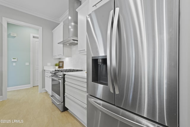 4 Halburton Cir, Bluffton, SC 29910 - kitchen featuring stainless steel appliances, wall chimney exhaust hood, crown molding, white cabinets, and light countertops