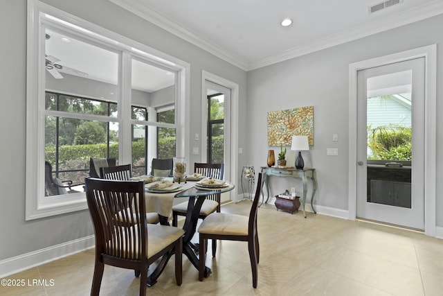 4 Halburton Cir, Bluffton, SC 29910 - dining room with healthy amount of natural light, ornamental molding, baseboards, light tile patterned floors, and recessed lighting