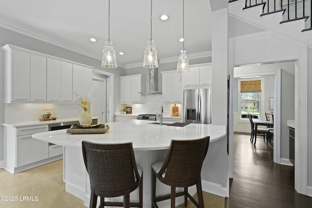 4 Halburton Cir, Bluffton, SC 29910 - kitchen with stainless steel refrigerator with ice dispenser, a sink, wall chimney range hood, recessed lighting, and tasteful backsplash