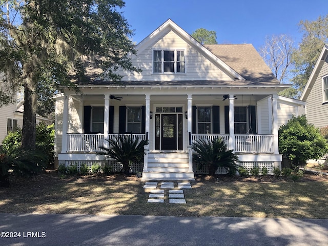 view of front of house with ceiling fan and covered porch