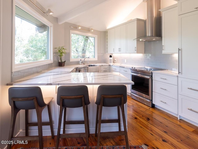 2065 Deer Island Rd, Hilton Head Island, SC 29928 - kitchen featuring wall chimney range hood, appliances with stainless steel finishes, a peninsula, and a breakfast bar