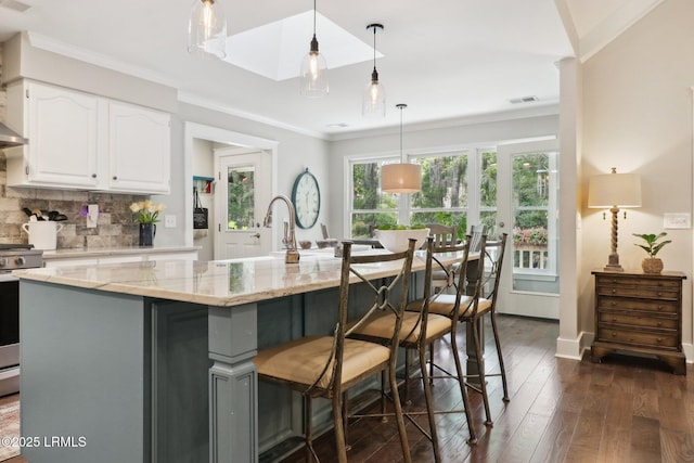 30 Longwood Dr, Okatie, SC 29909 - kitchen featuring a sink, white cabinetry, light stone countertops, dark wood-type flooring, and decorative light fixtures