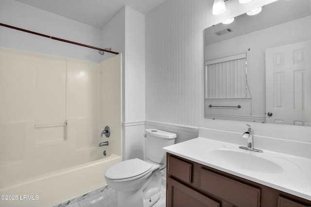 full bathroom featuring toilet, bathing tub / shower combination, vanity, visible vents, and wallpapered walls