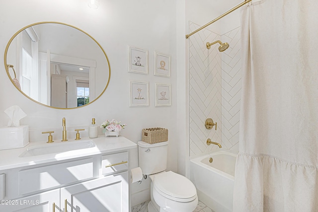 full bathroom featuring vanity, toilet, and shower / tub combo with curtain