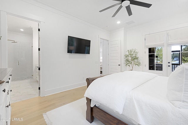 bedroom with recessed lighting, ornamental molding, baseboards, and access to exterior