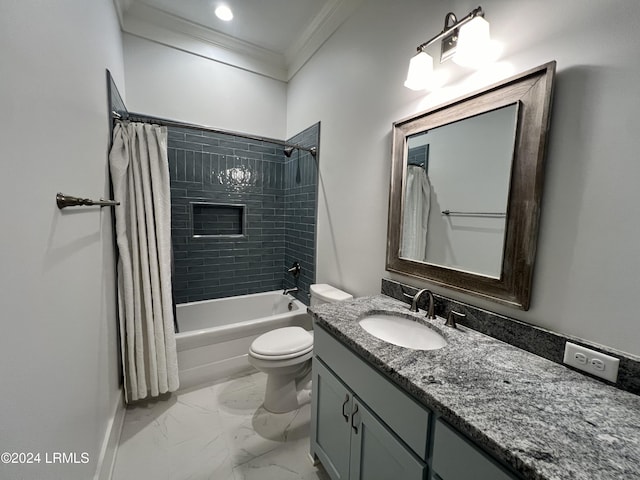 full bathroom featuring vanity, ornamental molding, toilet, and shower / bath combo