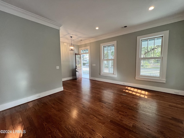 empty room with crown molding, dark hardwood / wood-style flooring, and a wealth of natural light