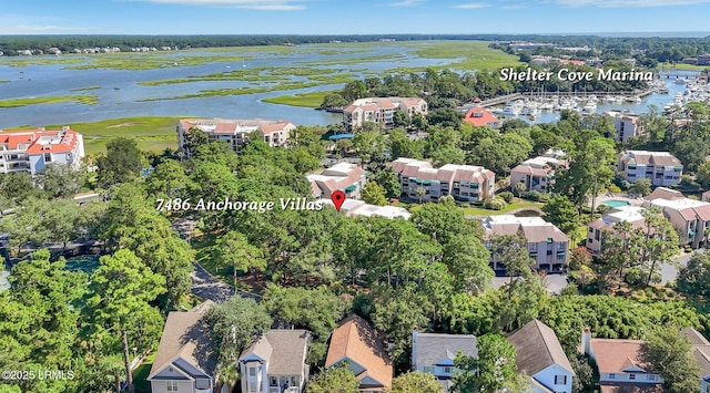 drone / aerial view featuring a water view