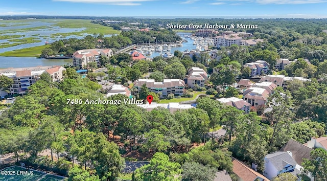 drone / aerial view featuring a water view