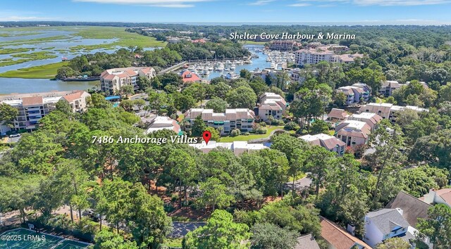 drone / aerial view featuring a water view