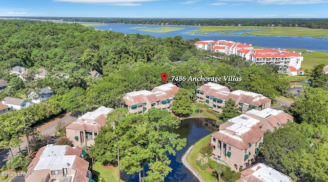 aerial view featuring a water view