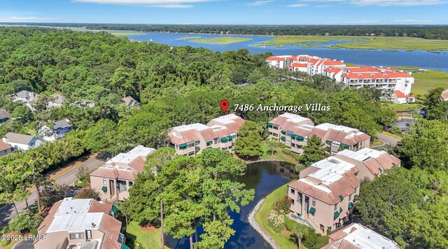 aerial view featuring a water view