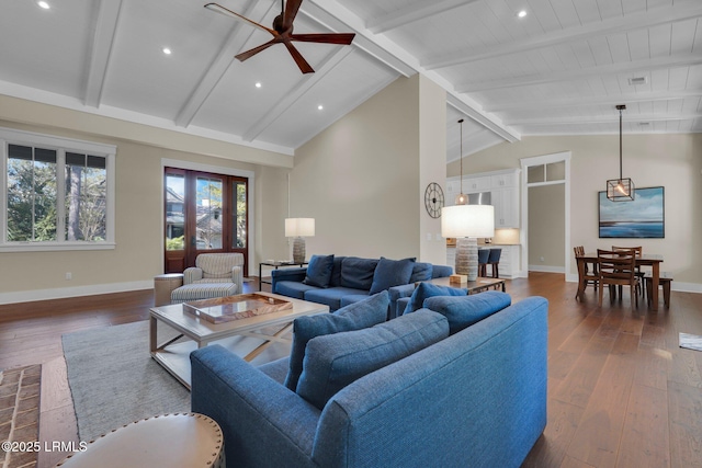 18 Baynard Cove Rd, Hilton Head Island, SC 29928 - living area with dark wood finished floors, ceiling fan, high vaulted ceiling, and baseboards