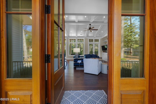18 Baynard Cove Rd, Hilton Head Island, SC 29928 - corridor with recessed lighting, beamed ceiling, coffered ceiling, and dark wood-style floors