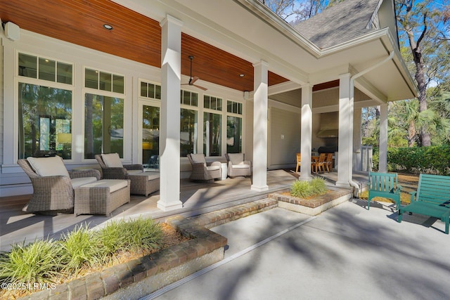 18 Baynard Cove Rd, Hilton Head Island, SC 29928 - view of patio with a wall mounted AC, a ceiling fan, and an outdoor hangout area