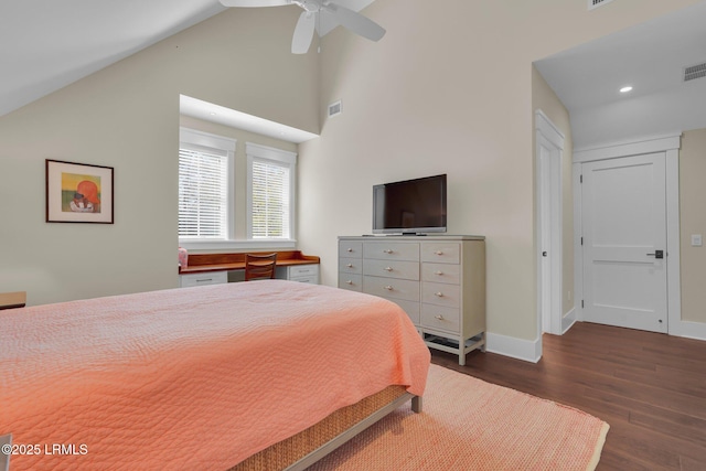 18 Baynard Cove Rd, Hilton Head Island, SC 29928 - bedroom featuring dark wood-style floors, visible vents, baseboards, high vaulted ceiling, and recessed lighting