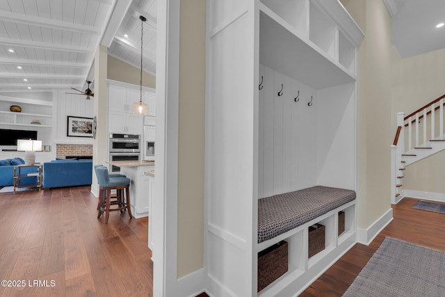 18 Baynard Cove Rd, Hilton Head Island, SC 29928 - mudroom with built in features, lofted ceiling with beams, dark wood-style floors, baseboards, and ceiling fan