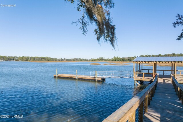 view of dock with a water view