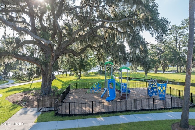 view of play area featuring a lawn