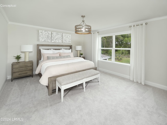 carpeted bedroom with ornamental molding and a notable chandelier