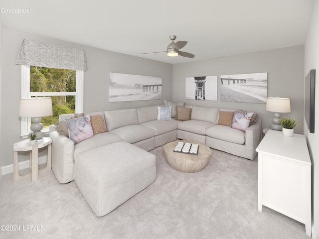 carpeted living room with ceiling fan