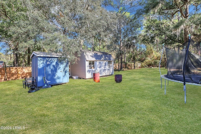 view of yard featuring a storage unit and a trampoline