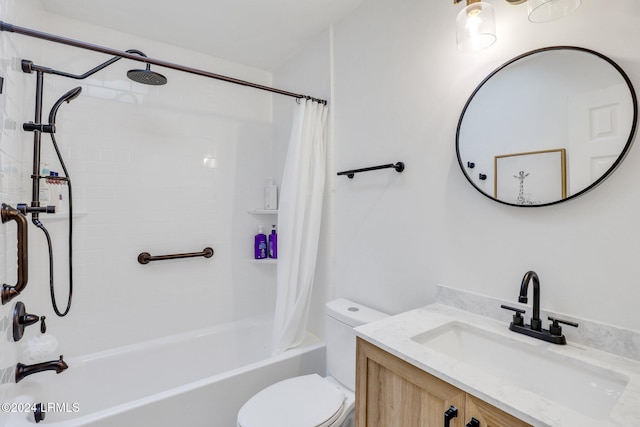 full bathroom with shower / bathtub combination with curtain, vanity, and toilet