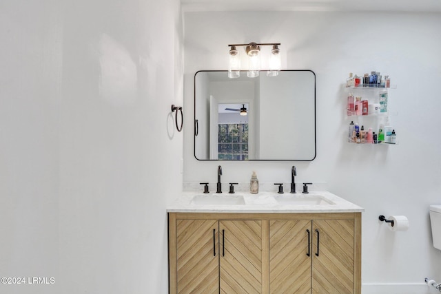 bathroom with vanity, ceiling fan, and toilet