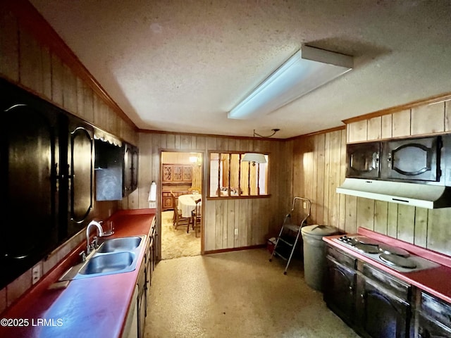 kitchen with gas stovetop, sink, a textured ceiling, and wood walls