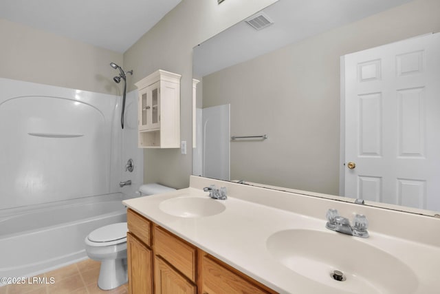 full bathroom with vanity, tile patterned floors, shower / bathtub combination, and toilet