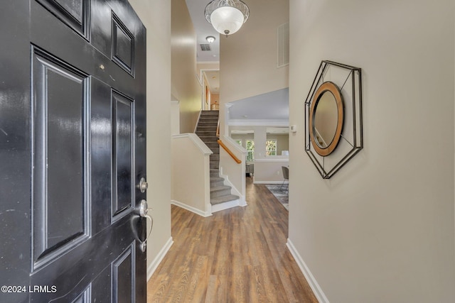 entrance foyer featuring crown molding and wood-type flooring