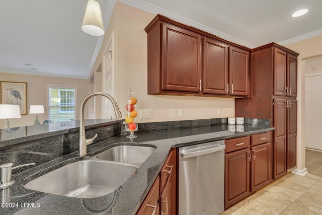 kitchen featuring decorative light fixtures, sink, dark stone countertops, ornamental molding, and stainless steel dishwasher