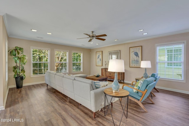 living room featuring ceiling fan, ornamental molding, and hardwood / wood-style floors