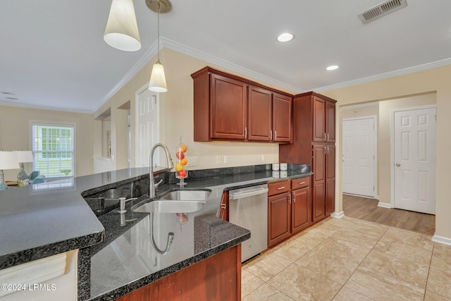 kitchen featuring sink, crown molding, decorative light fixtures, dark stone countertops, and dishwasher