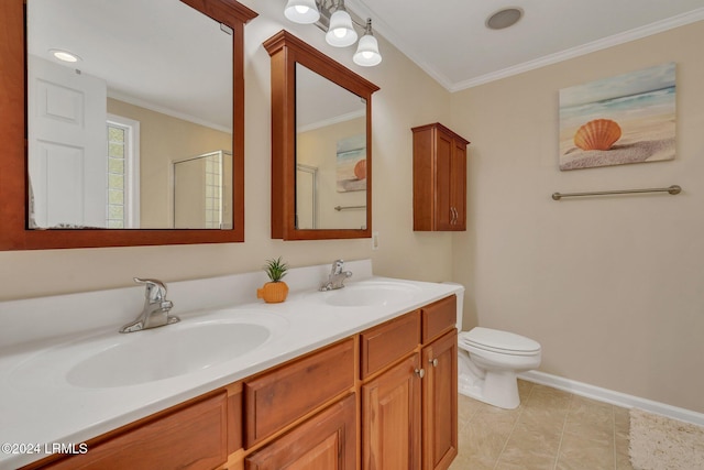 bathroom with crown molding, tile patterned flooring, vanity, toilet, and walk in shower