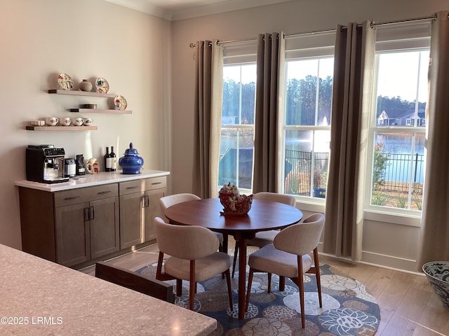 dining room with ornamental molding, a healthy amount of sunlight, and light hardwood / wood-style flooring