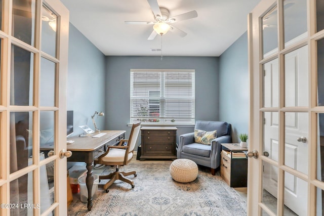 office area featuring french doors and ceiling fan