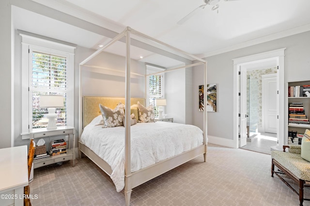 bedroom featuring crown molding, ceiling fan, multiple windows, and baseboards