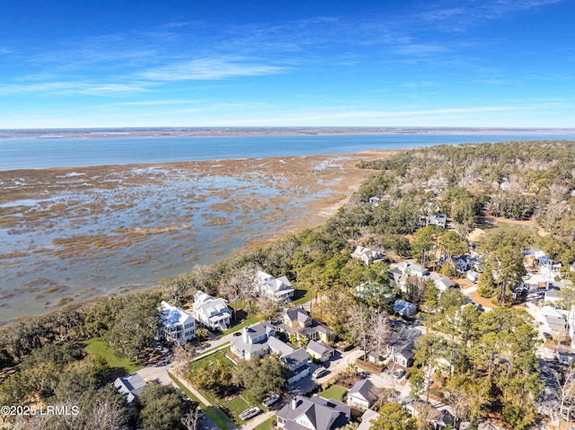 aerial view with a water view and a residential view