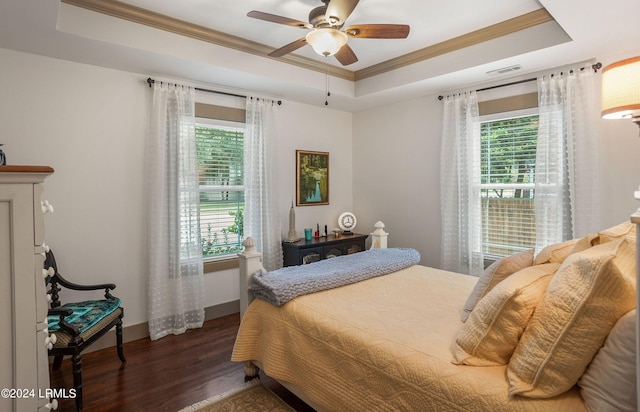 bedroom featuring a raised ceiling, ornamental molding, dark hardwood / wood-style floors, and ceiling fan