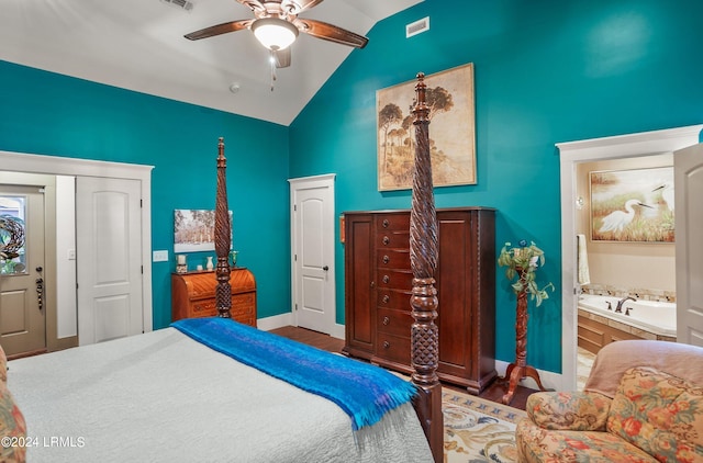 bedroom featuring wood-type flooring, vaulted ceiling, ceiling fan, and ensuite bathroom